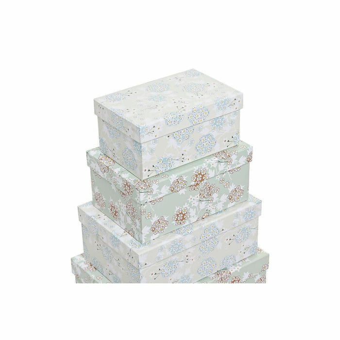 DKD Home Decor Stackable Organizer Box Set Beige Green Flowers Cardboard (43.5 x 33.5 x 15.5 cm)