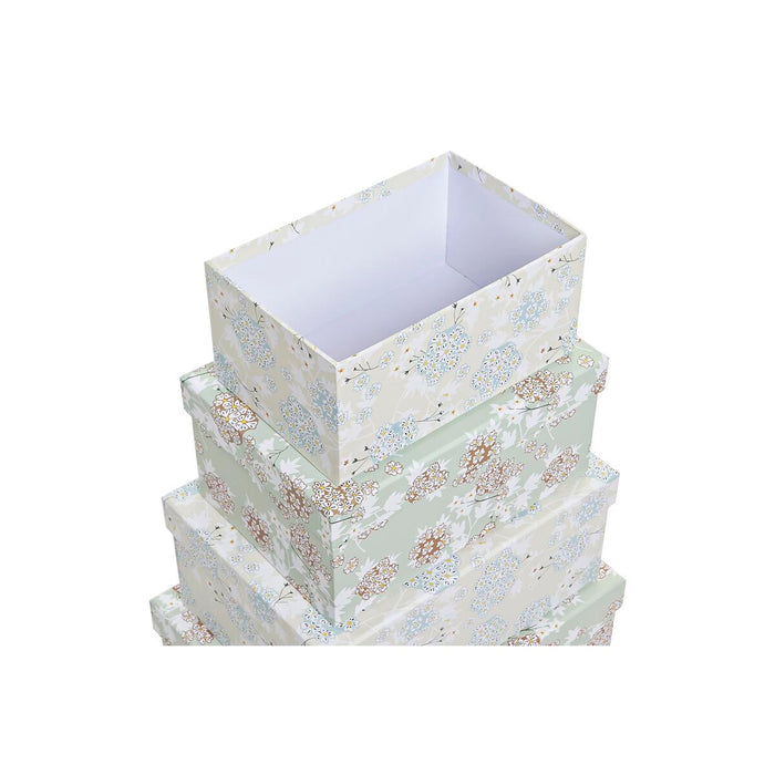 DKD Home Decor Stackable Organizer Box Set Beige Green Flowers Cardboard (43.5 x 33.5 x 15.5 cm)