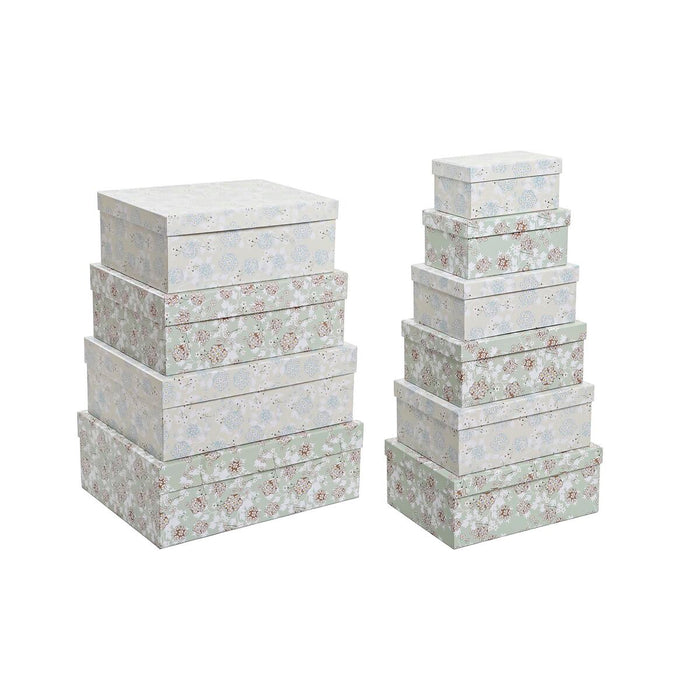 DKD Home Decor Stackable Organizer Box Set Beige Green Flowers Cardboard (43.5 x 33.5 x 15.5 cm)