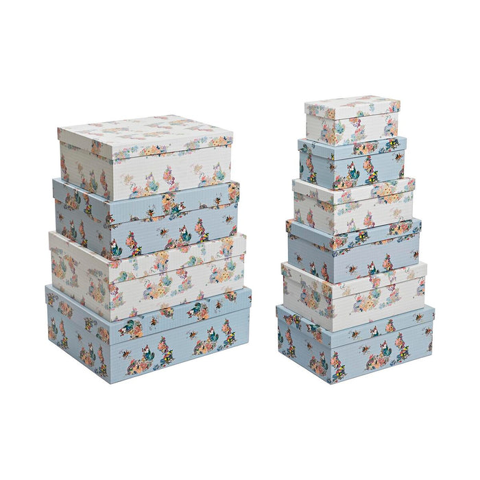 DKD Home Decor Stackable Organizer Box Set Blue White Flowers Cardboard (43.5 x 33.5 x 15.5 cm)