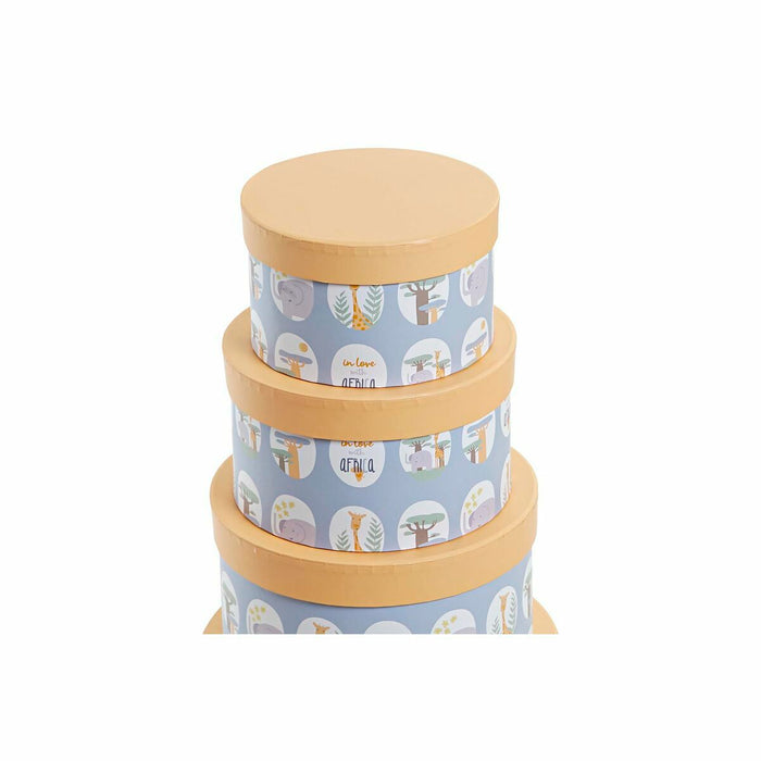 DKD Home Decor Stackable Organizer Box Set Animals Round Blue Cardboard (37.5 x 37.5 x 18 cm)