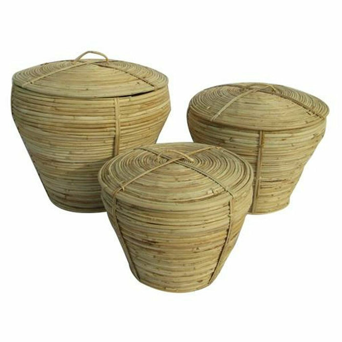 DKD Home Decor Basket Set with Lid Natural Tropical Rattan (3 Pieces) (35 x 35 x 30 cm)