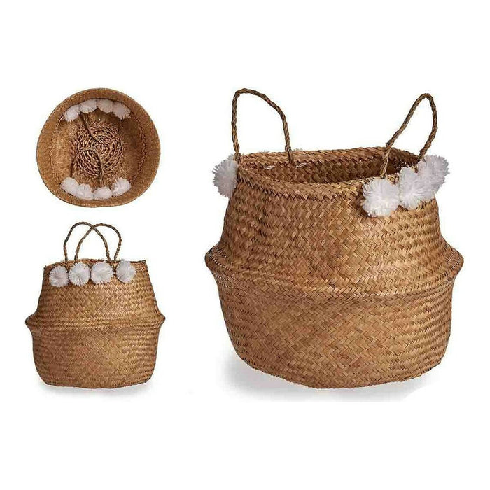 Cesto Blanco Marrón Natural Junco Pompones 8 L 32 x 30 x 32 cm