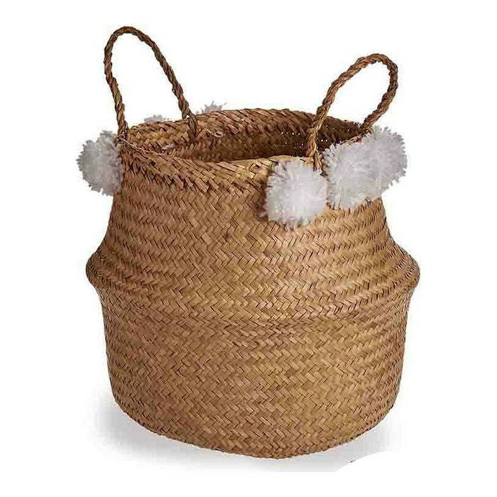 Cesto Blanco Marrón Natural Junco Pompones 25 L