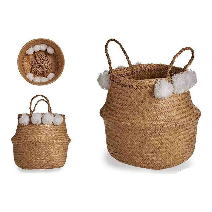 Cesto Blanco Marrón Natural Junco Pompones 25 L