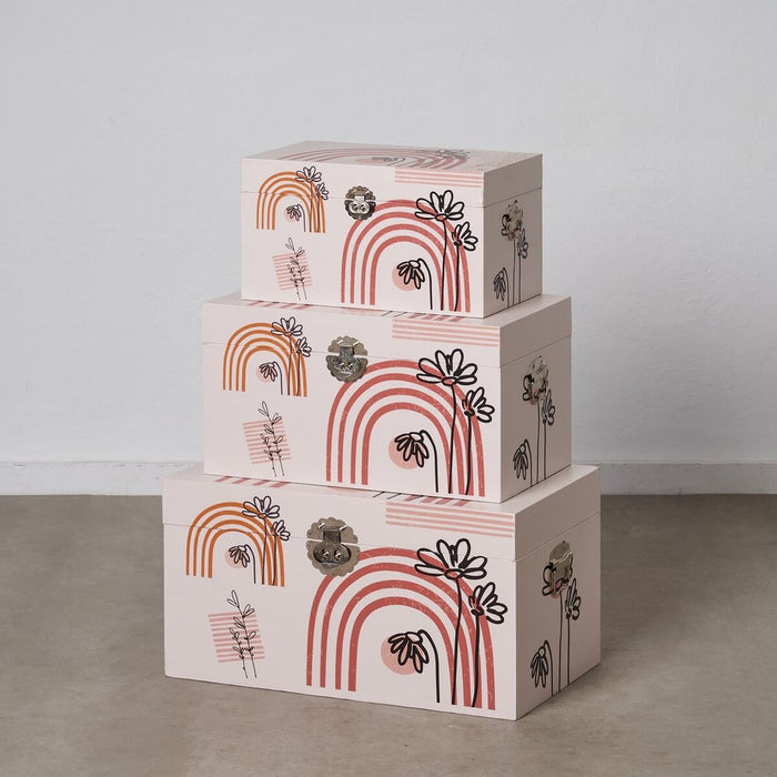 Trunk Set 65 x 38 x 35 cm Flowers DMF Canvas (3 Pieces)