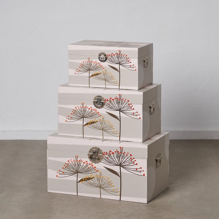 Trunk Set 65 x 38 x 35 cm Flowers DMF Canvas (3 Pieces)