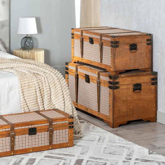 Trunk Set 90 x 47 x 45 cm Synthetic Fabric Wood Checkered (3 Pieces)