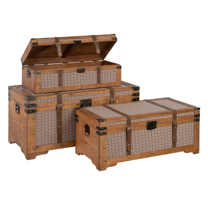 Trunk Set 90 x 47 x 45 cm Synthetic Fabric Wood Checkered (3 Pieces)